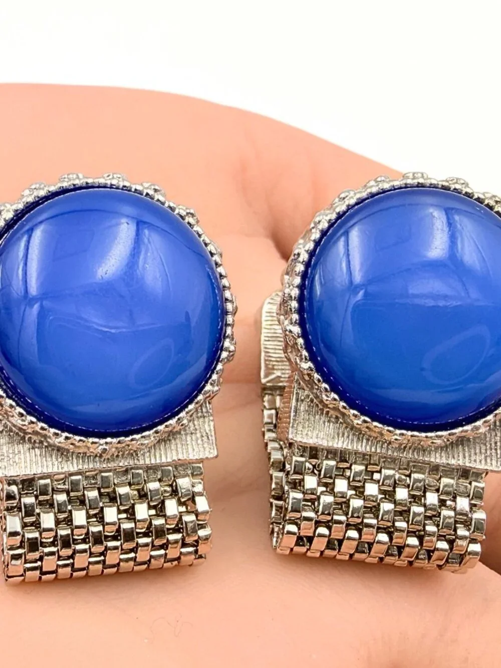 Charming Retro Style MCM Blue Thermoset Cab Silver Plated Mesh Cufflinks